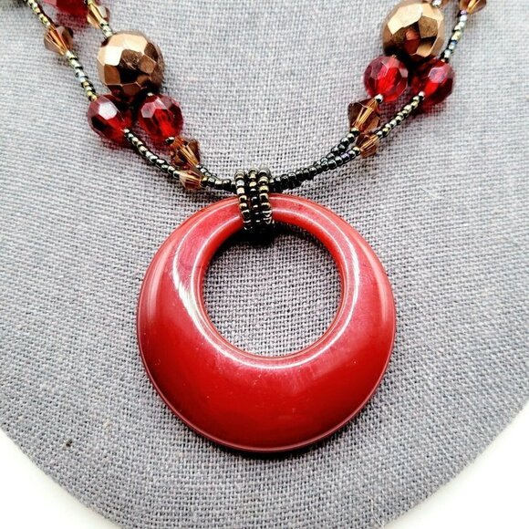 Lia Sophia Collar Necklace Double Strand Red Glass Pendant Faceted Glass Beads - Picture 2 of 6